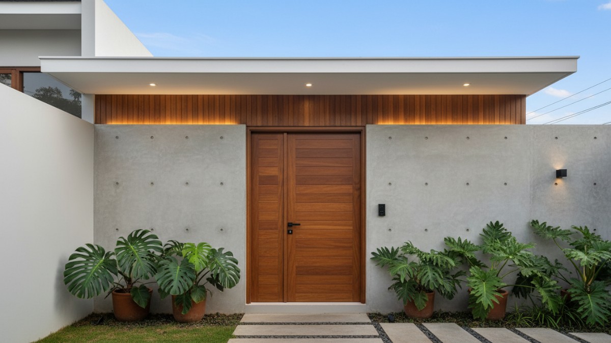 Contoh pintu push system dengan permukaan rata menyatu dengan dinding fasad modern.