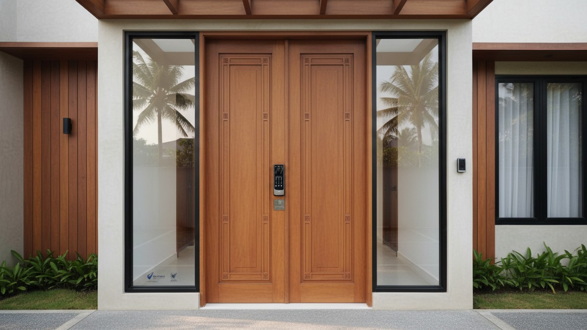 Detail sistem smart lock digital terintegrasi pada pintu utama rumah minimalis.