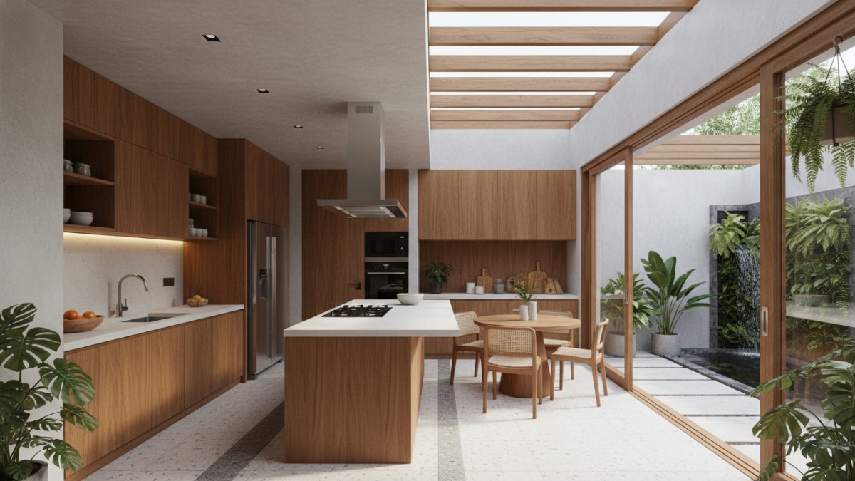 Inspirasi dapur outdoor sederhana di belakang rumah dengan meja beton dan kanopi ringan, solusi hemat biaya untuk hunian tropis.