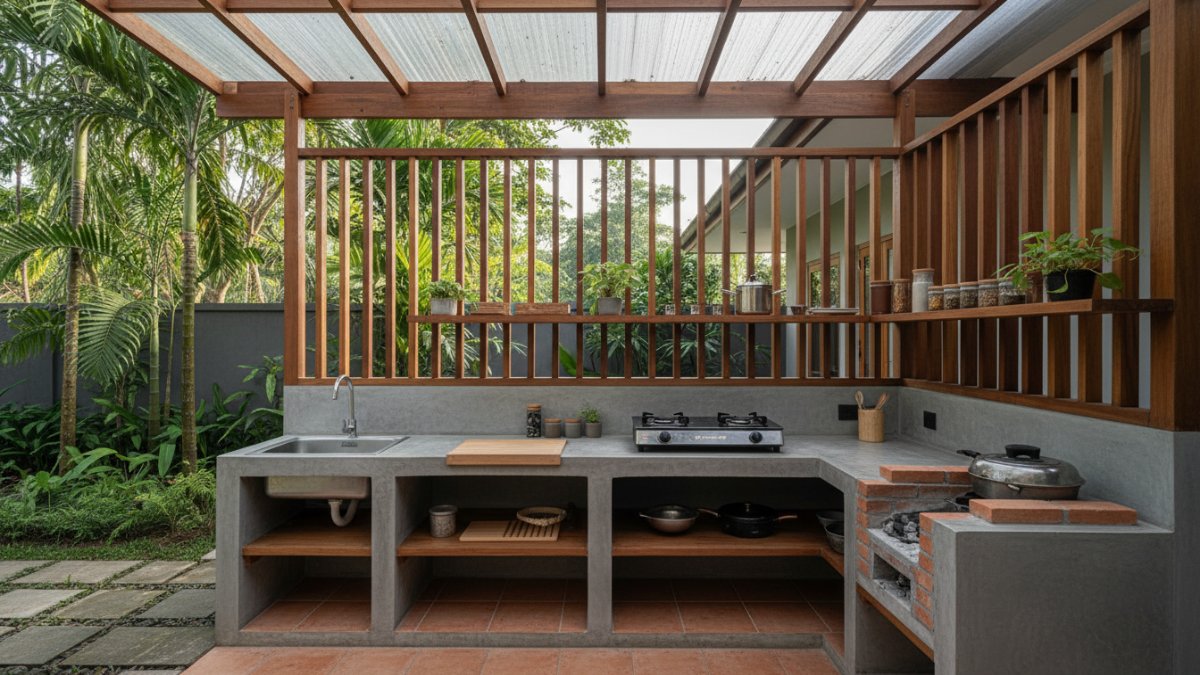 Contoh dapur outdoor minimalis dengan ventilasi alami dan pencahayaan maksimal.