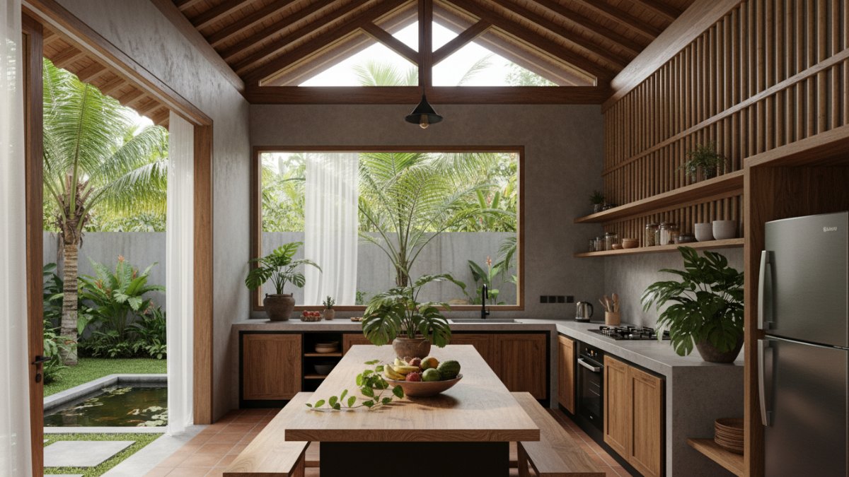 Dapur taman mini dengan vertical garden yang menyatu dengan area masak.
