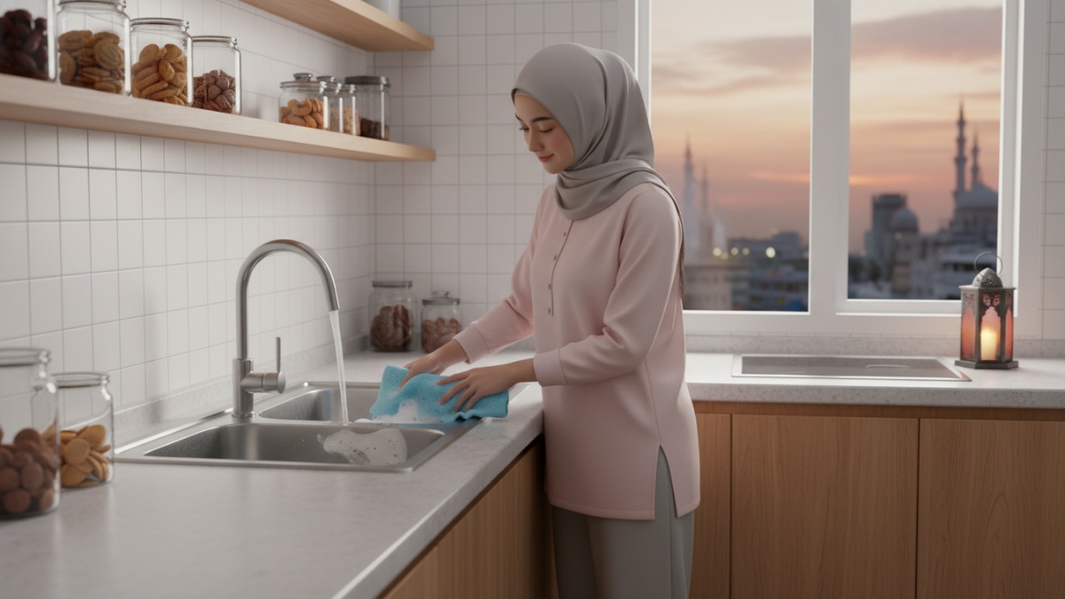 Aktivitas membersihkan wastafel dapur stainless steel saat Ramadan dengan sabun dan kain microfiber, menonjolkan konsep higienitas cepat 2 menit.