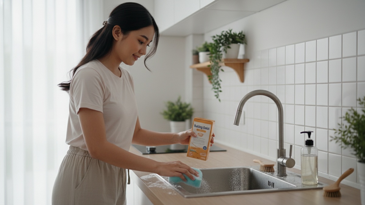 Langkah membersihkan wastafel menggunakan baking soda dan spons lembut.