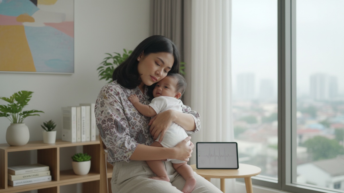 Ilustrasi ibu dan bayi dengan sorotan tema kesehatan mental dan pencegahan filisida di era modern.