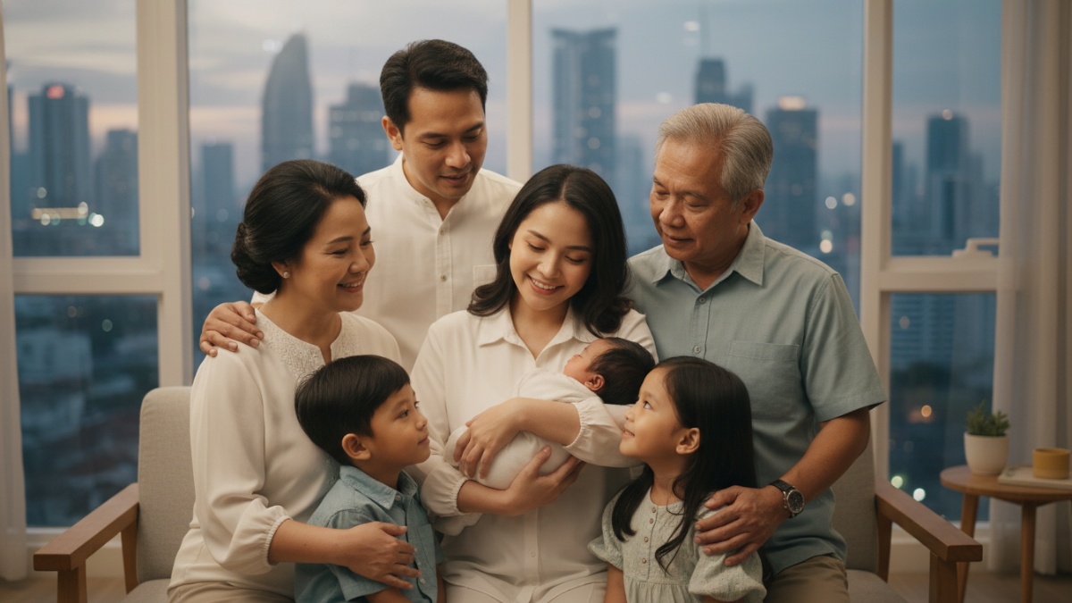 Potret keluarga mendampingi ibu dan bayi sebagai bentuk dukungan pencegahan filisida. 