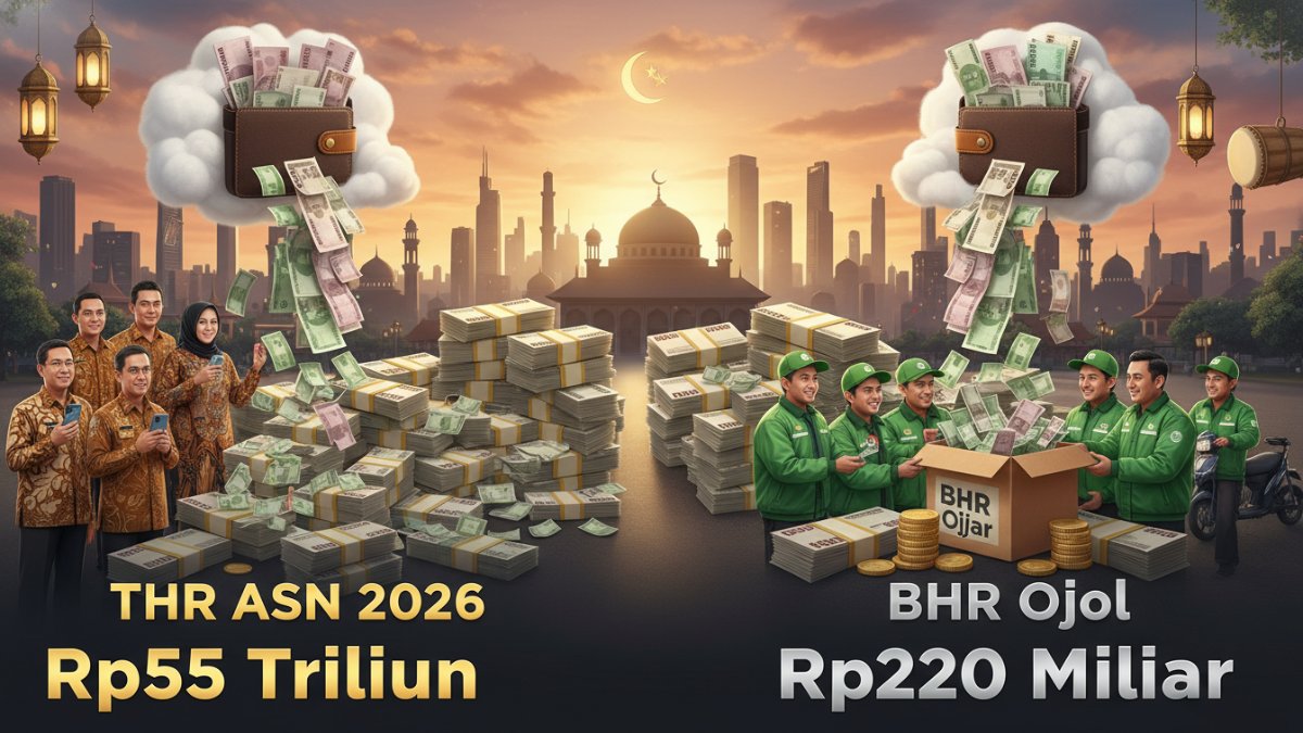 Ilustrasi pencairan THR ASN 2026 dan BHR ojol dengan angka Rp55 triliun dan Rp220 miliar jelang Lebaran.