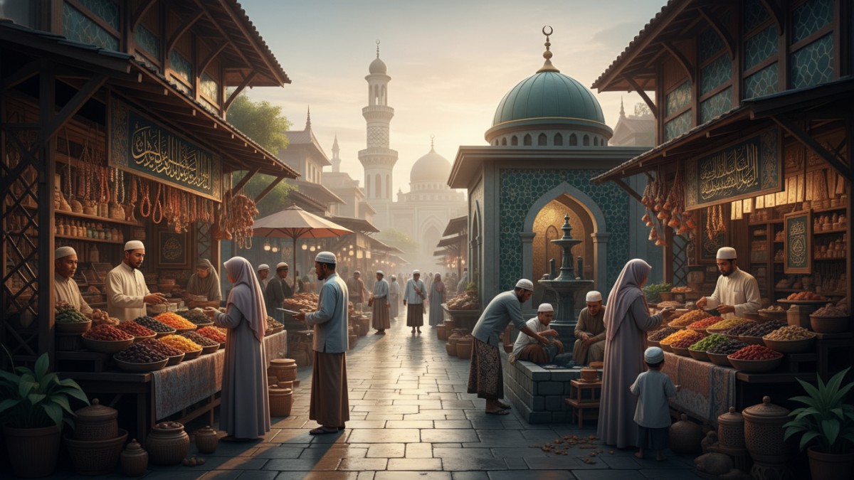Ilustrasi aktivitas perdagangan dengan nuansa islami, menggambarkan adab dan kejujuran dalam transaksi sesuai ajaran Islam.