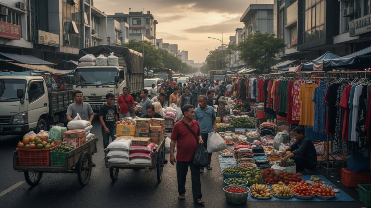 aktivitas perdagangan yang menunjukkan distribusi kebutuhan pokok seperti makanan dan pakaian. 