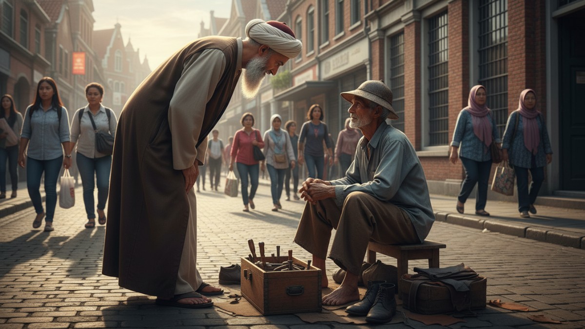 Ilustrasi Imam Al-Ghazali bertemu tukang sol sepatu sebagai simbol kerendahan hati dalam mencari ilmu.