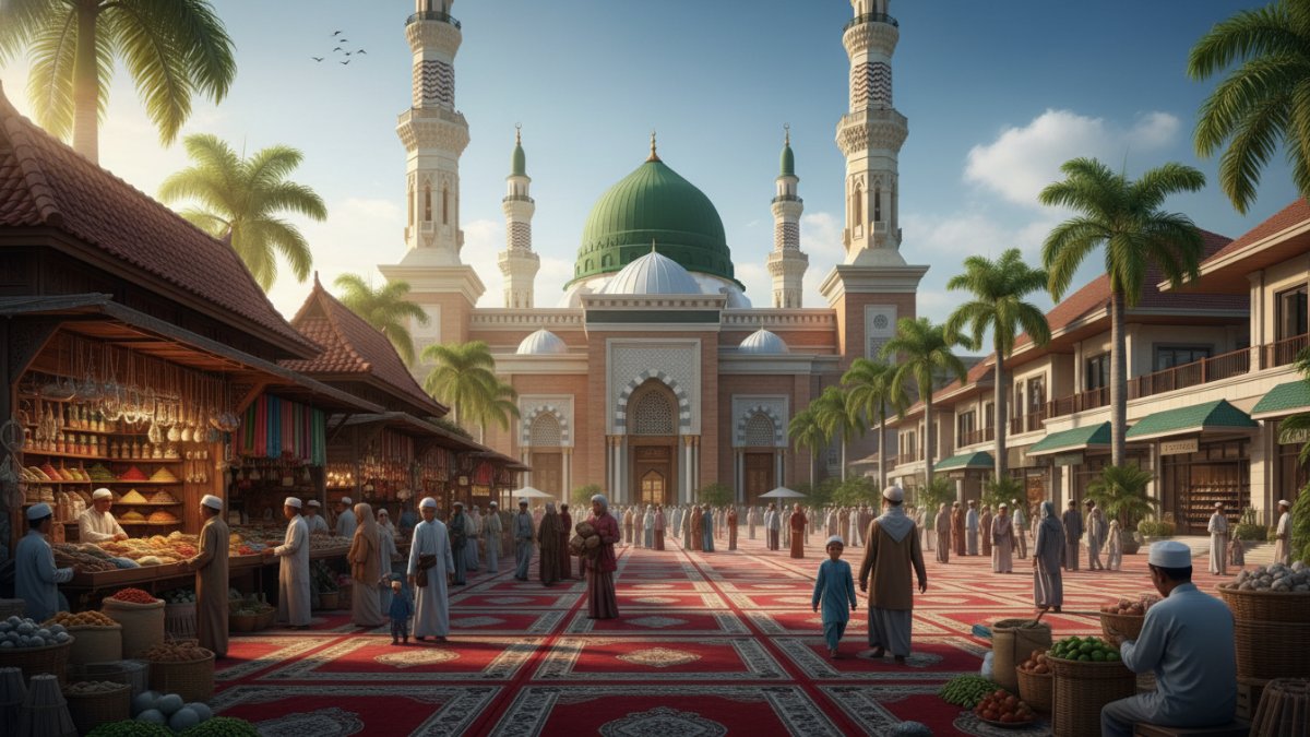 Ilustrasi masjid dan pasar Madinah sebagai pusat sosial dan ekonomi umat.