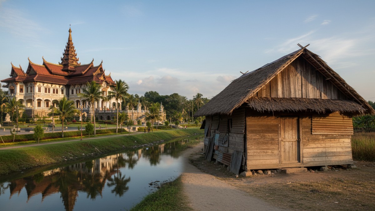 Ilustrasi istana megah dan gubuk sederhana, simbol kontras kekuasaan dan ketidakadilan dalam kisah Uyunul Hikayat.