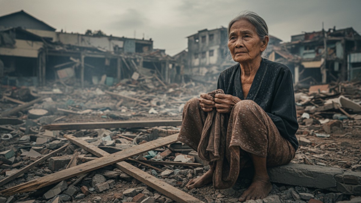 Ilustrasi nenek tua melihat rumahnya rata dengan tanah.