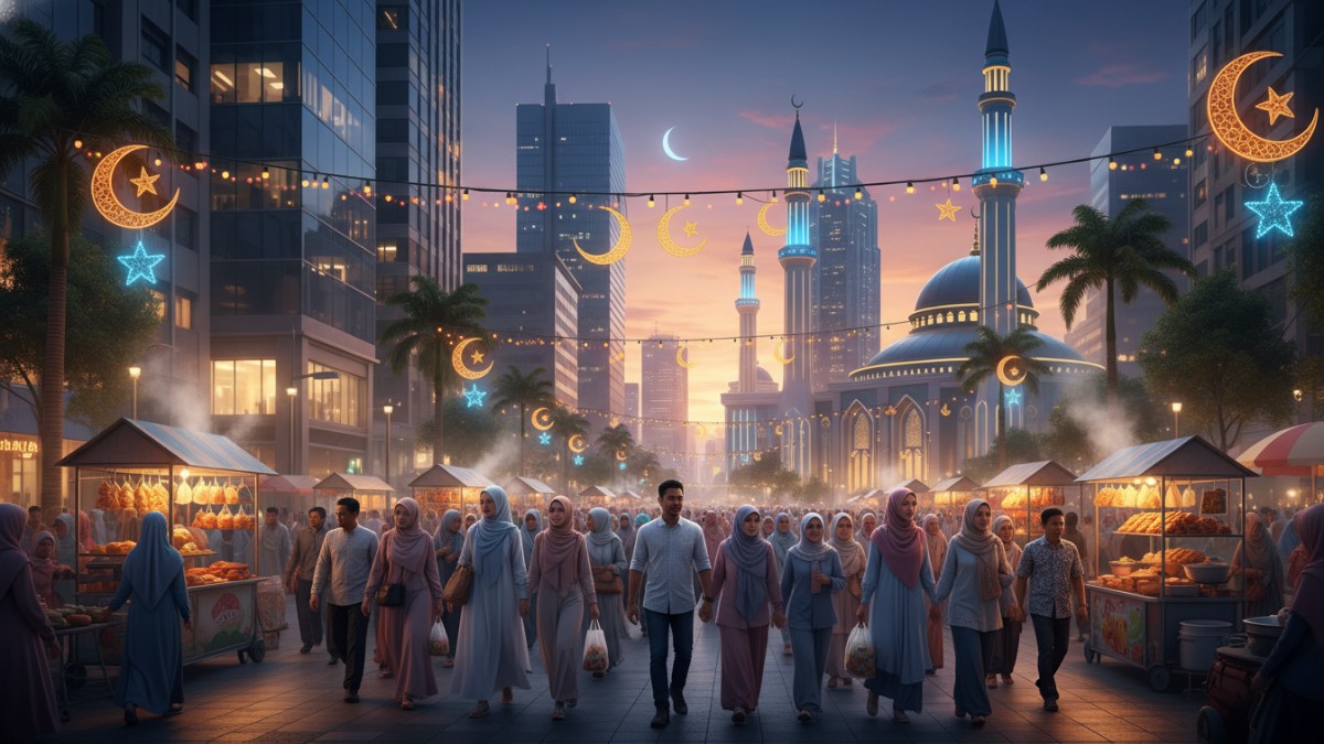 Ilustrasi suasana Ramadhan dengan siluet orang berpuasa dan berzikir, menggambarkan pendidikan lahir batin.