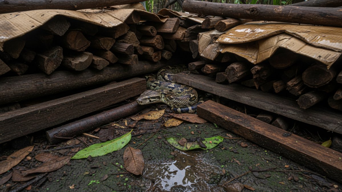 Sudut halaman lembap dengan tumpukan kayu dan kardus, kondisi ideal tempat persembunyian ular. 