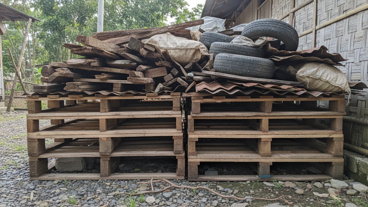Rak palet kayu mengangkat barang bekas dari tanah untuk mencegah kelembapan dan persembunyian ular.