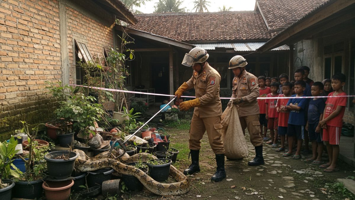 Petugas menggunakan alat khusus untuk mengevakuasi ular dari area permukiman.