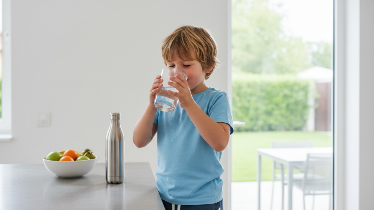 Anak minum air putih setelah bermain di luar rumah, menggambarkan pentingnya hidrasi untuk menjaga energi dan kesehatan anak.