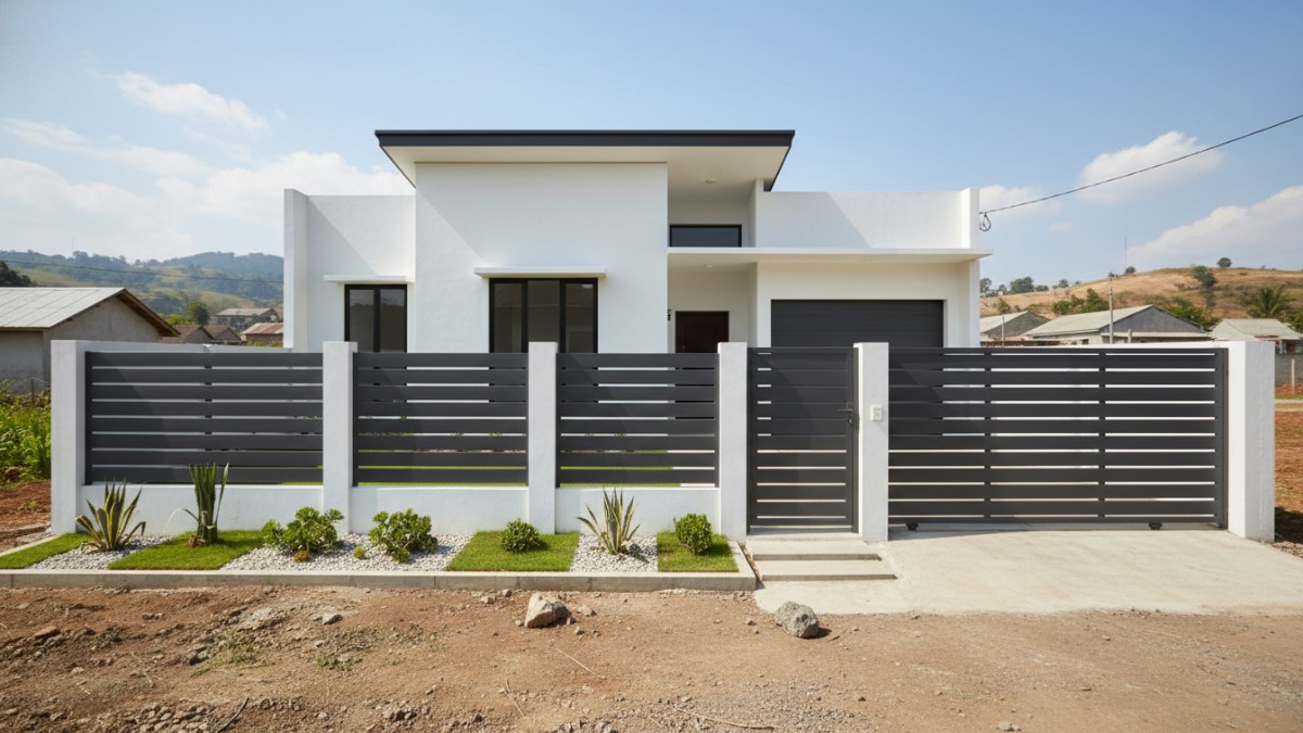 Model pagar minimalis rumah type 45 di desa dengan desain modern yang membuat tampilan fasad rumah sederhana terlihat rapi dan fungsional.