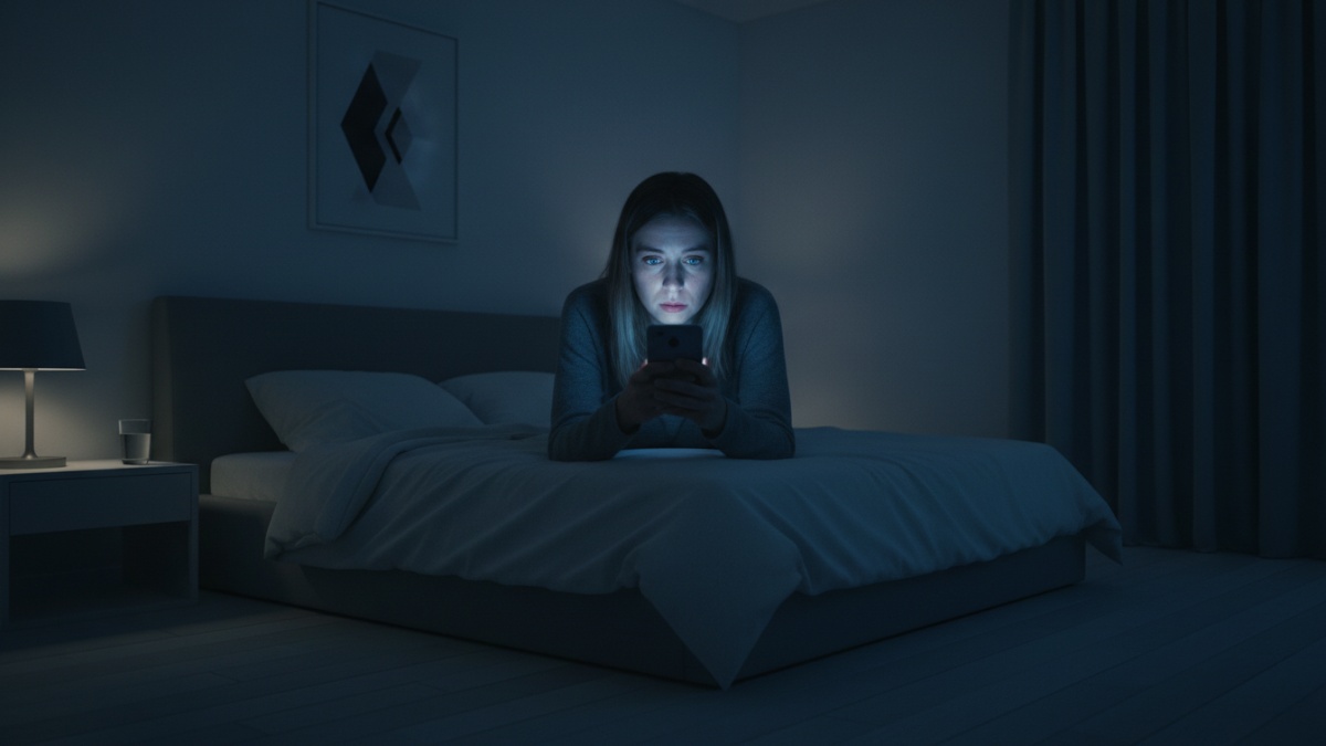 Seseorang menatap layar ponsel larut malam di kamar redup, ilustrasi kebiasaan begadang yang memicu insomnia dan gangguan tidur.