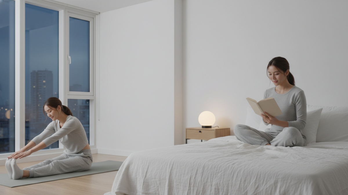 rutinitas sehat sebelum tidur seperti membaca buku dan peregangan ringan.