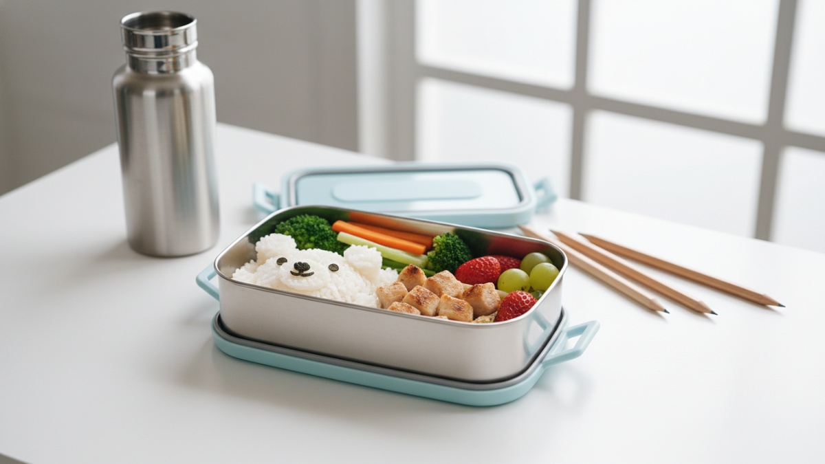 Bekal anak sekolah dengan menu seimbang berisi nasi, sayur, protein, dan buah segar yang membantu energi belajar sepanjang hari.