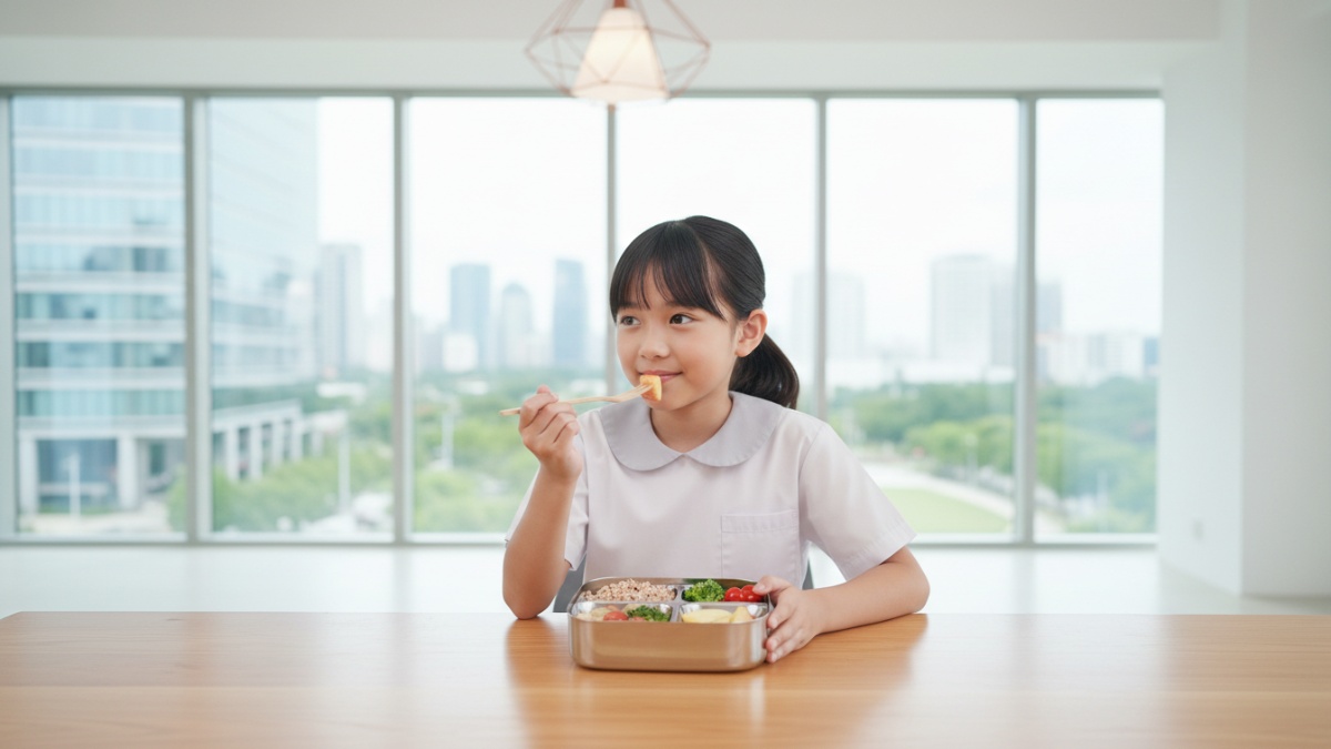 anak sekolah makan bekal sehat yang mengandung karbohidrat, protein, sayur, dan buah.
