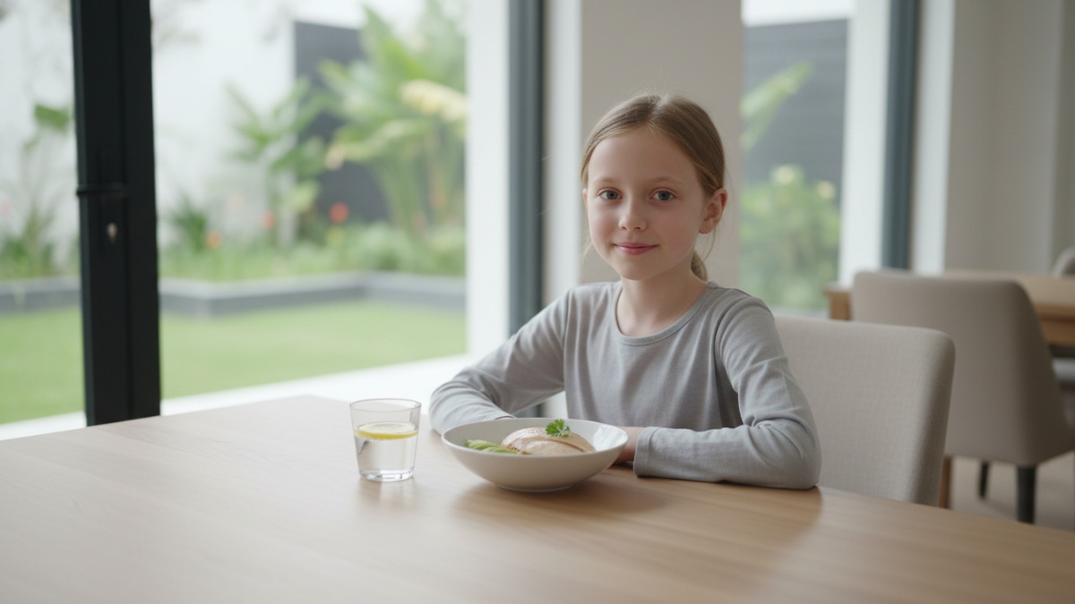 Anak duduk di meja makan dengan porsi kecil makanan sehat setelah sakit.