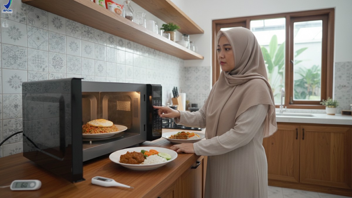 Ilustrasi memanaskan nasi dan lauk dalam microwave dengan wadah kaca tahan panas agar hangat merata dan aman.