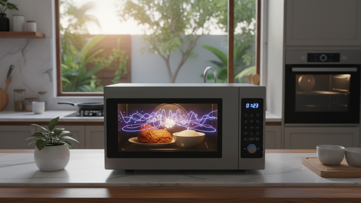Skema cara kerja gelombang microwave memanaskan makanan dari dalam.
