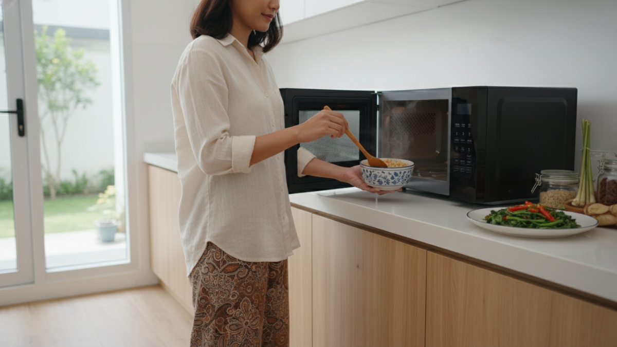 Langkah teknis mengaduk nasi saat dipanaskan ulang di microwave.
