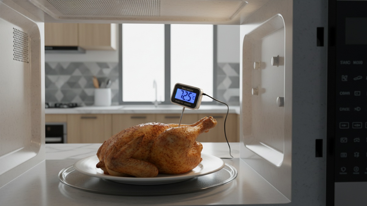 Termometer makanan digital menunjukkan suhu 74&deg;C sebagai standar aman