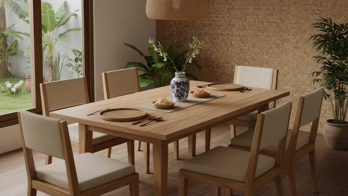 Meja makan modern minimalis dengan dekorasi sederhana yang menciptakan suasana makan hangat dan estetik di rumah.