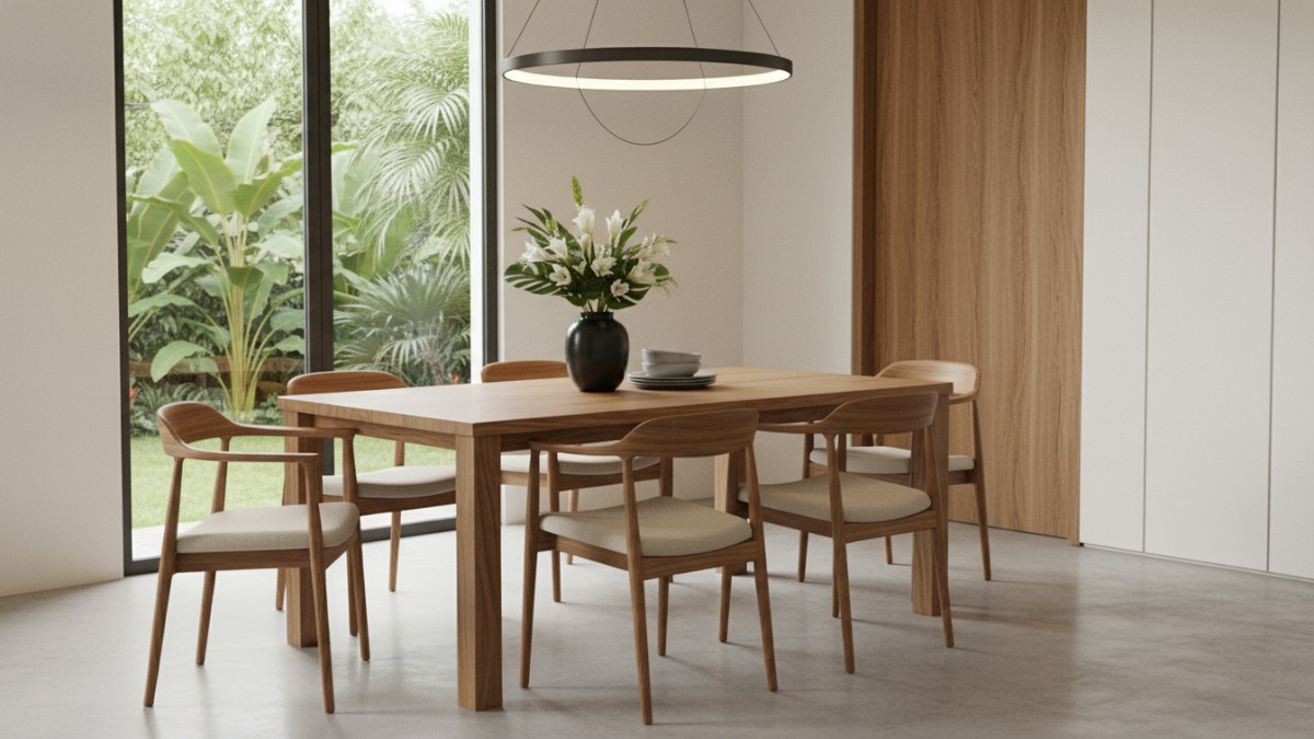 Inspirasi meja makan modern minimalis dengan material kayu natural di ruang makan rumah modern.