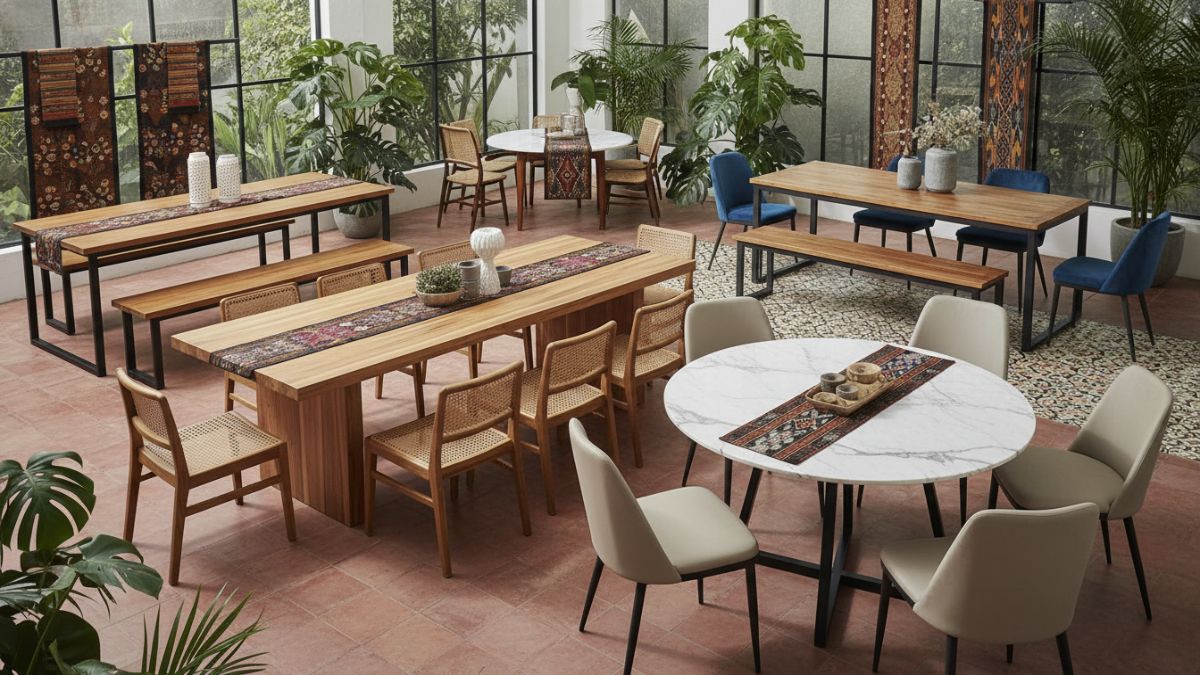 Beragam model meja makan modern seperti kayu, kaca, marmer, dan industrial.