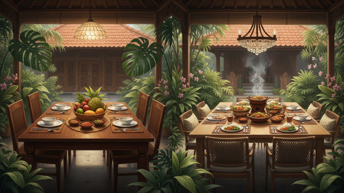 Ilustrasi ukuran standar meja makan keluarga 4 dan 6 kursi.