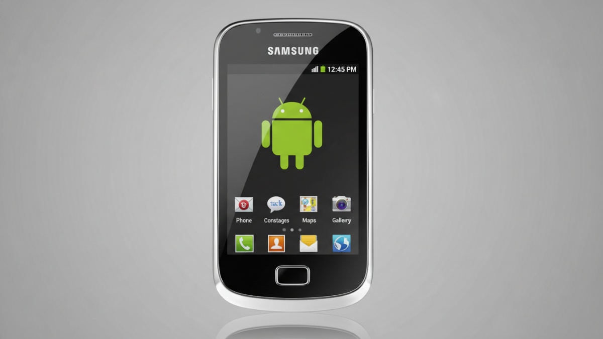 Samsung Galaxy Mini tampak depan dengan layar 3,14 inci, ikon Android klasik jadi simbol awal era smartphone terjangkau.