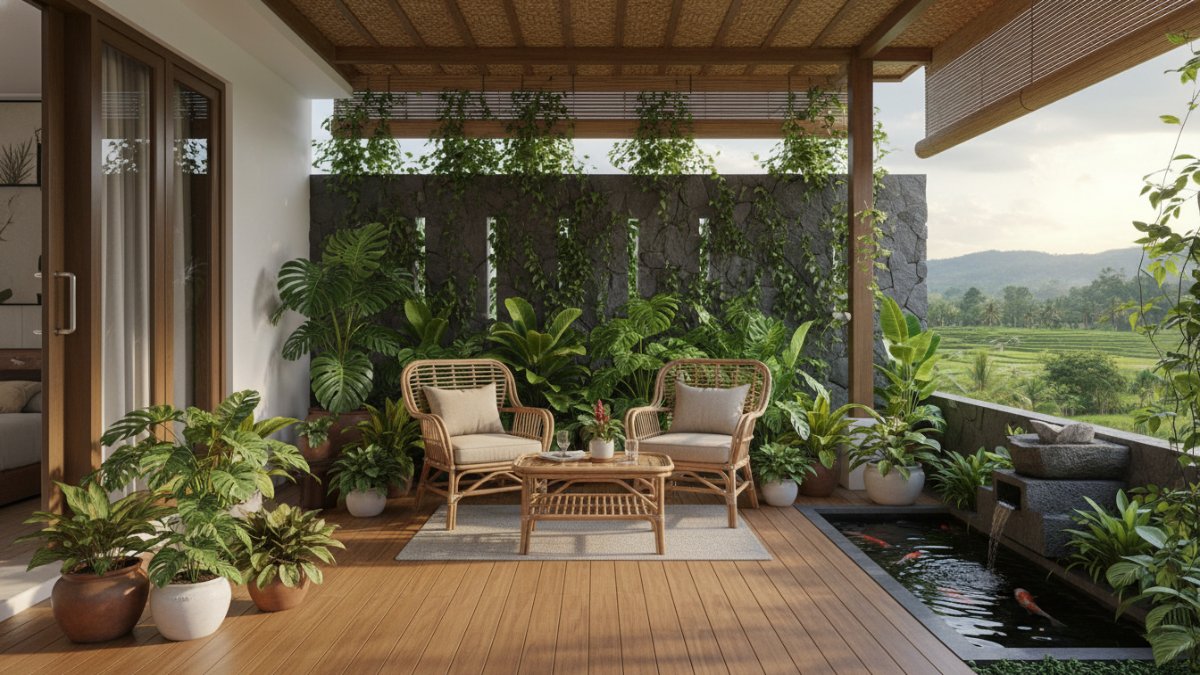 Kombinasi taman mini dan kursi rotan pada teras rumah modern dengan konsep natural yang sejuk.