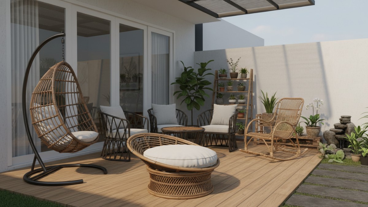  Inspirasi berbagai model kursi rotan untuk teras rumah minimalis dengan taman mini.  