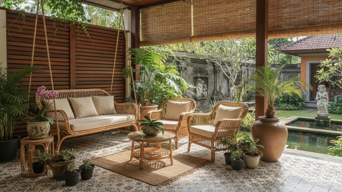 Contoh ukuran teras rumah ideal dengan furnitur rotan dan tanaman pot.