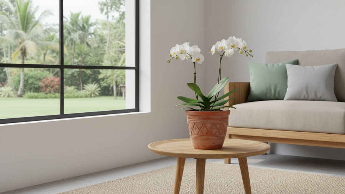 Tanaman bunga kecil dalam pot estetik di sudut ruang tamu minimalis menciptakan sudut hijau yang fotogenik dan segar di rumah modern.