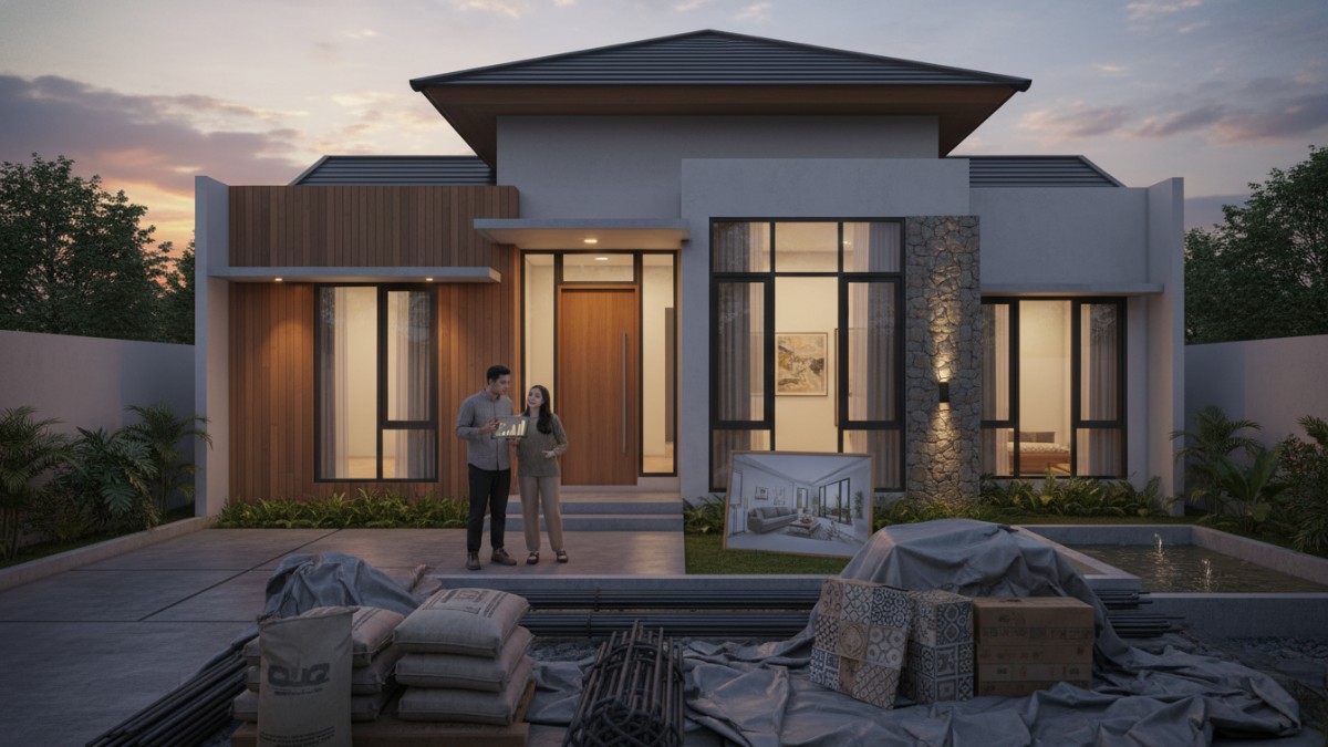 Ruang tamu minimalis dengan pencahayaan hangat dan warna netral yang memberi kesan elegan tanpa renovasi besar.