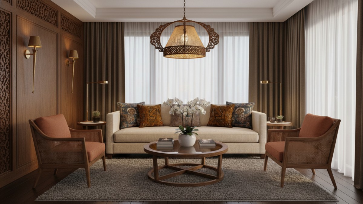 Desain ruang tamu elegan modern dengan sofa netral, lampu dekoratif, dan pencahayaan hangat yang memberi kesan rumah berkelas.