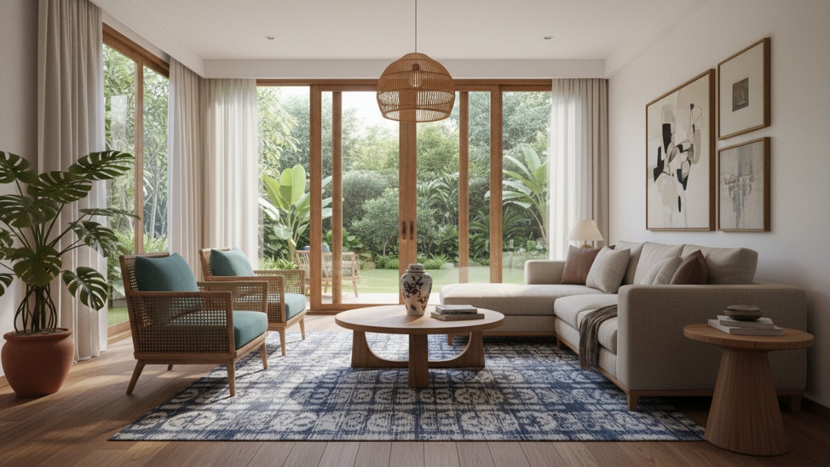 Contoh ruang tamu modern dengan tata furnitur proporsional dan pencahayaan alami.