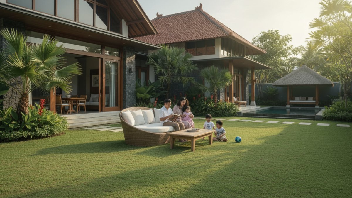Hamparan rumput taman hijau rapi di halaman rumah modern tropis yang nyaman dipakai bersantai bersama keluarga.