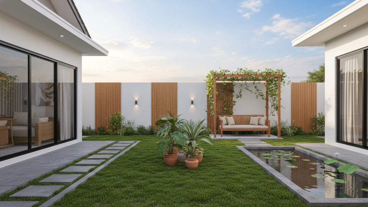 Contoh taman rumah minimalis dengan hamparan rumput rapi sebagai penutup tanah.