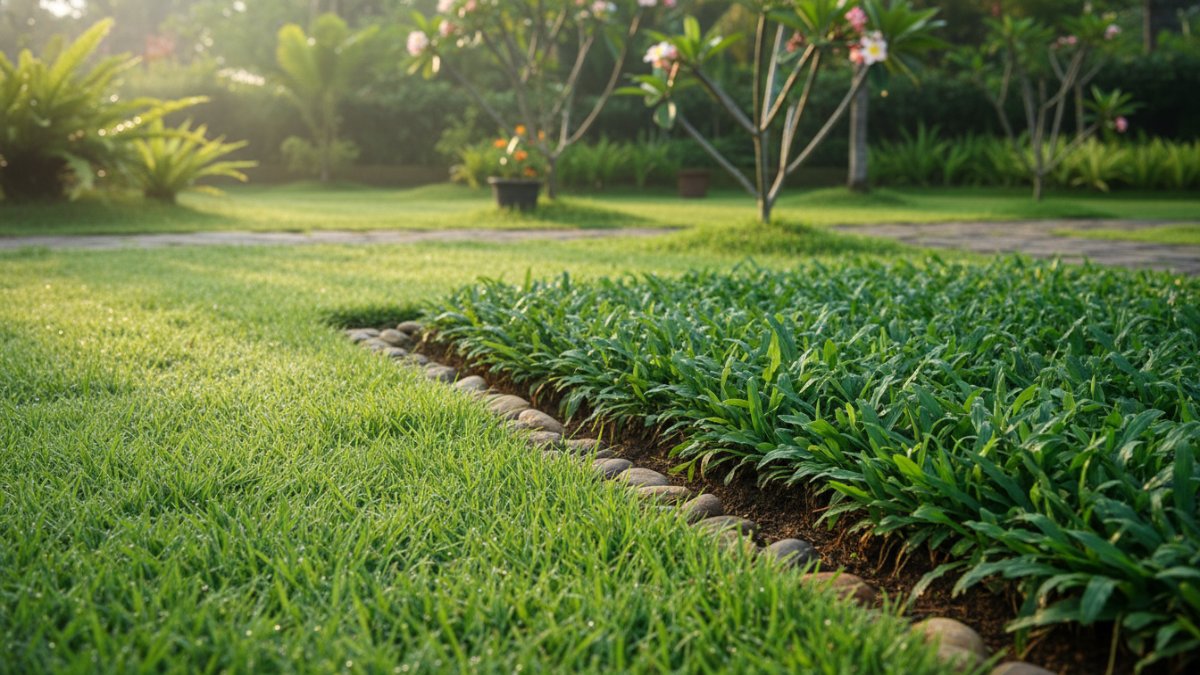 Perbandingan tekstur rumput taman populer seperti rumput Jepang dan gajah mini.