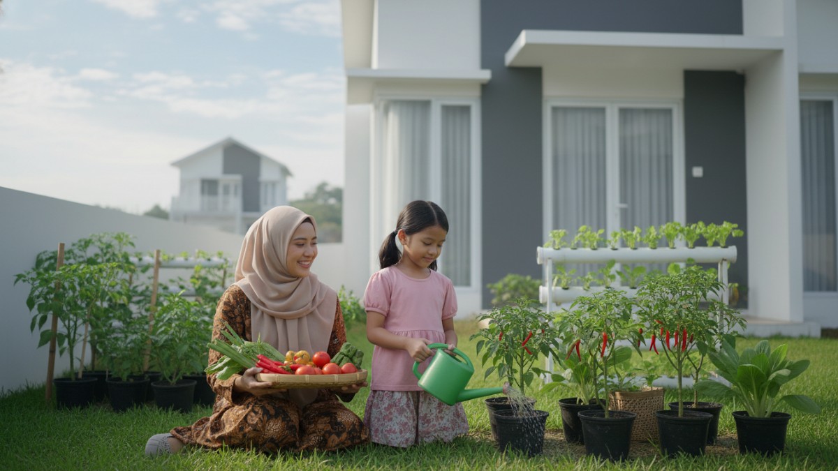 Kebun sayur vertikal di rumah type 30 memanfaatkan rak bertingkat untuk lahan sempit.