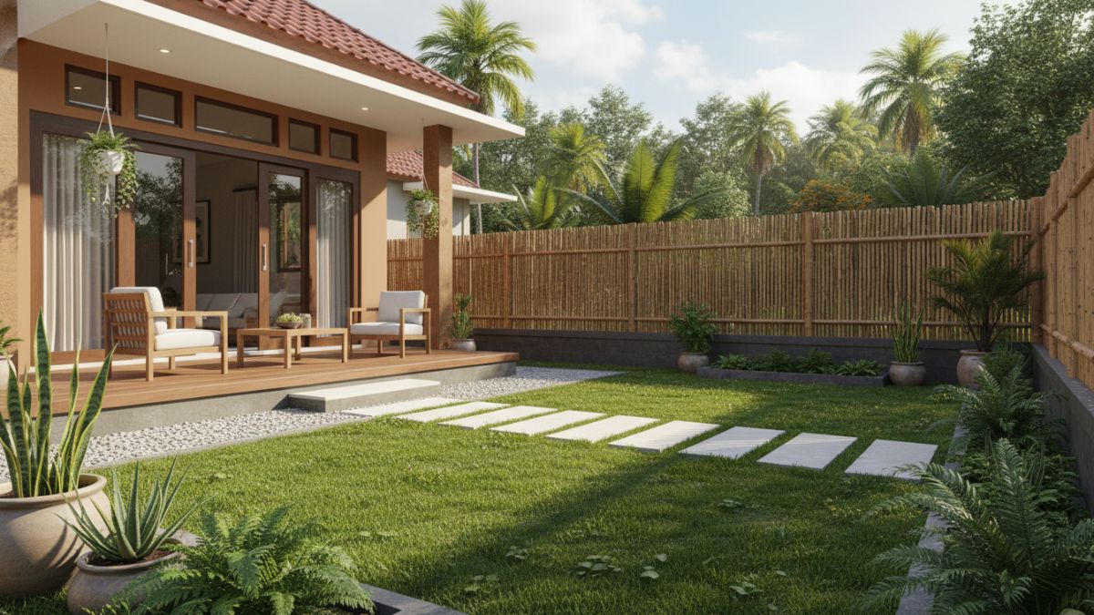 Ilustrasi halaman rumah tropis yang bersih dan tertata rapi sebagai langkah pencegahan ular masuk ke area hunian.
