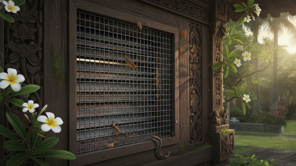Ilustrasi celah ventilasi rumah yang ditutup kawat kasa untuk mencegah reptil masuk.
