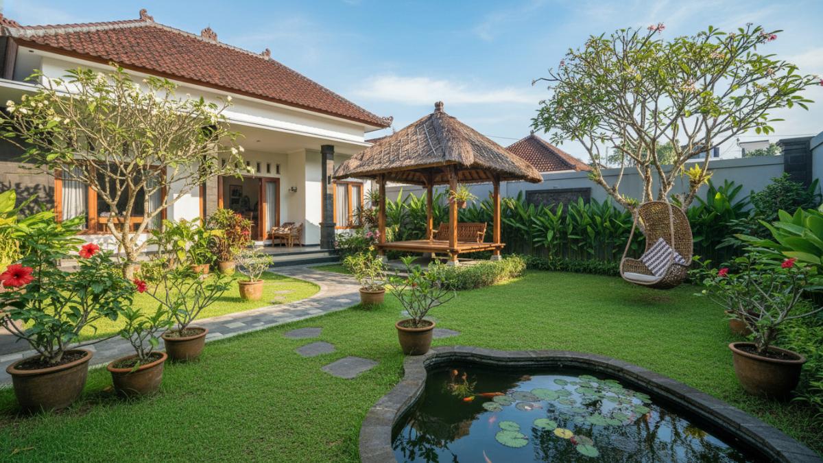 Taman rumah bersih tanpa tumpukan kayu atau barang bekas.